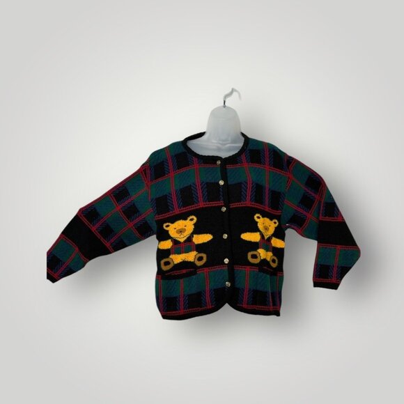 Tally Ho Ugly Christmas Sweater Women's VTG Teddy Bear 100% Acrylic Plaid Design - Picture 1 of 5